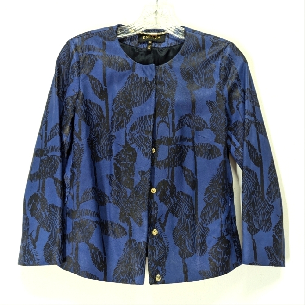 Escada Blue & Black Leather Jacket Feather Leaf Designer Luxury 2 XS 32 Colorful